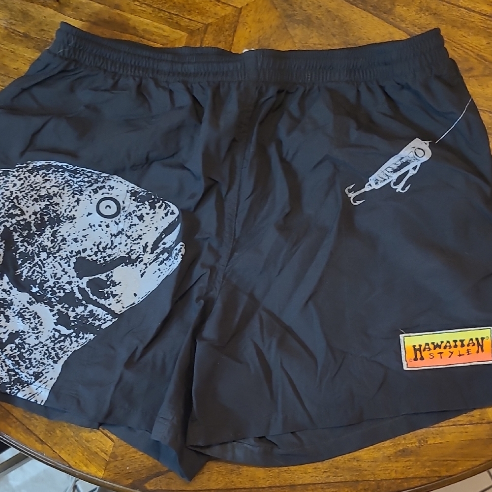 Hawaiian Style Black Swim Shorts with Fish Print